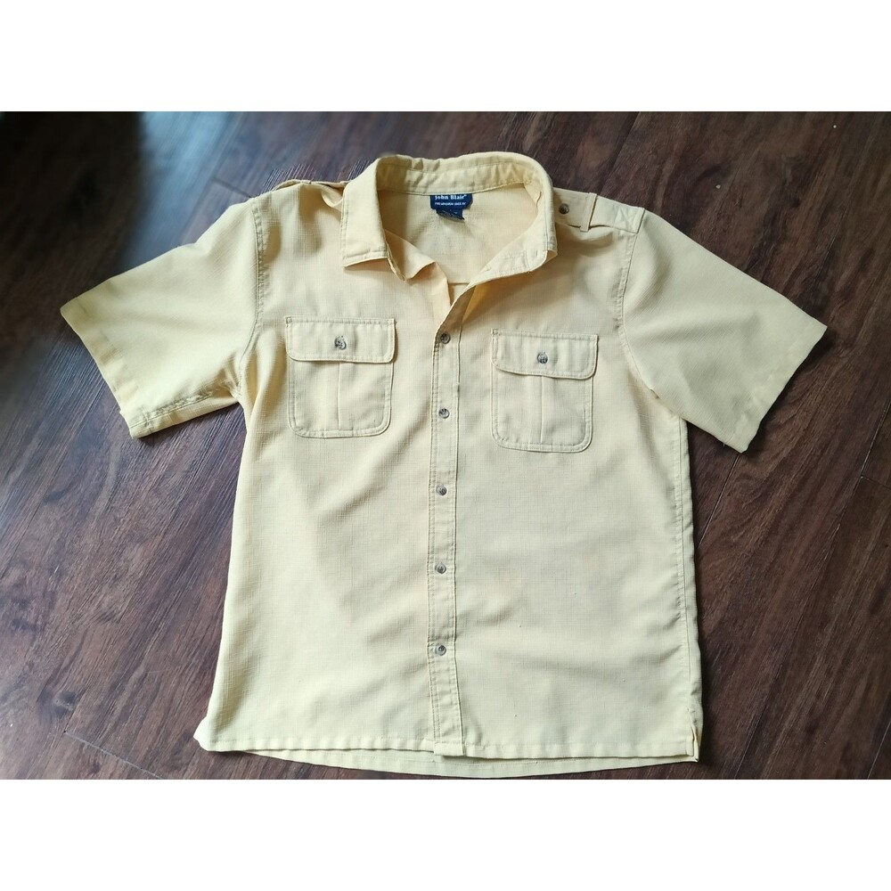 John Blair Men's Safari Outdoors Cargo Button Up Shirt Cream/Tan  Check Size (L)